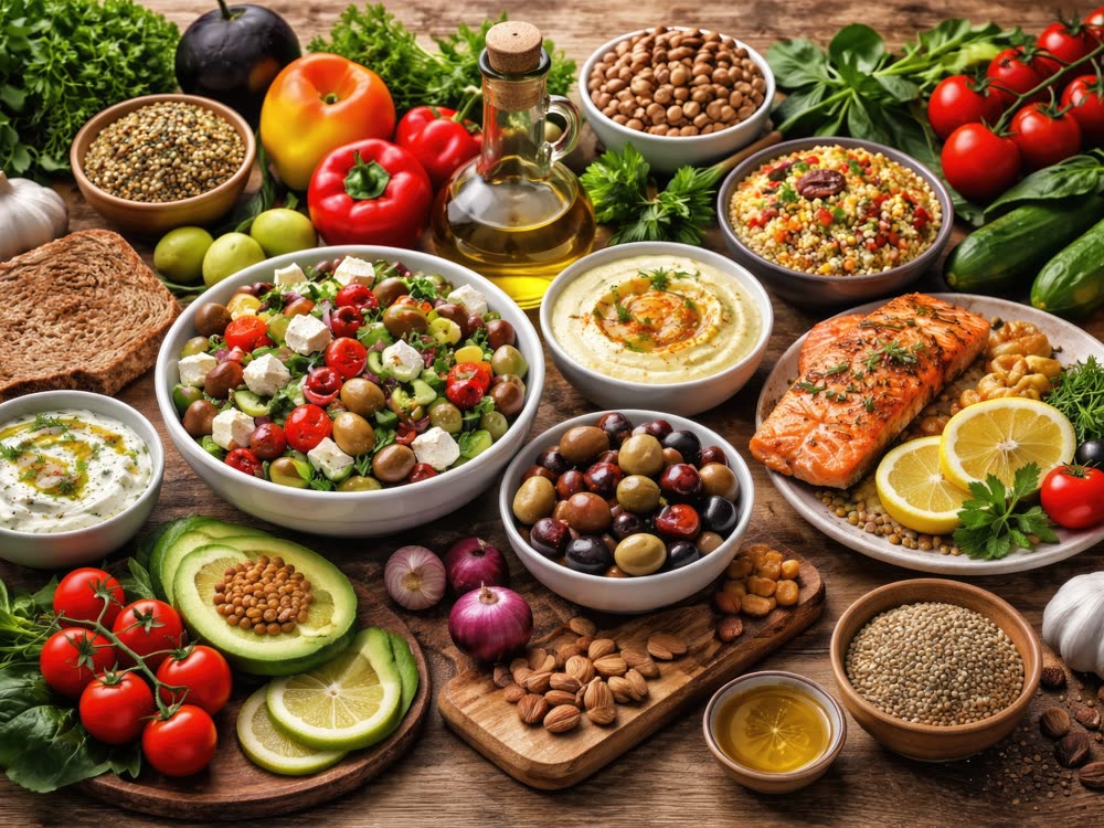Frische, natürliche Lebensmittel – Gemüse, Salat, Hülsenfrüchte, Olivenöl, Fisch und Nüsse